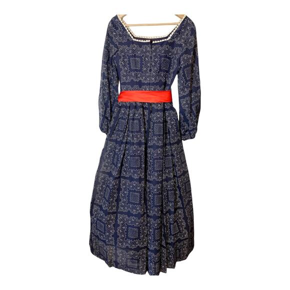 Vintage Dress Navy Blue White Print Maxi Long Prairie Regency - Picture 2 of 11